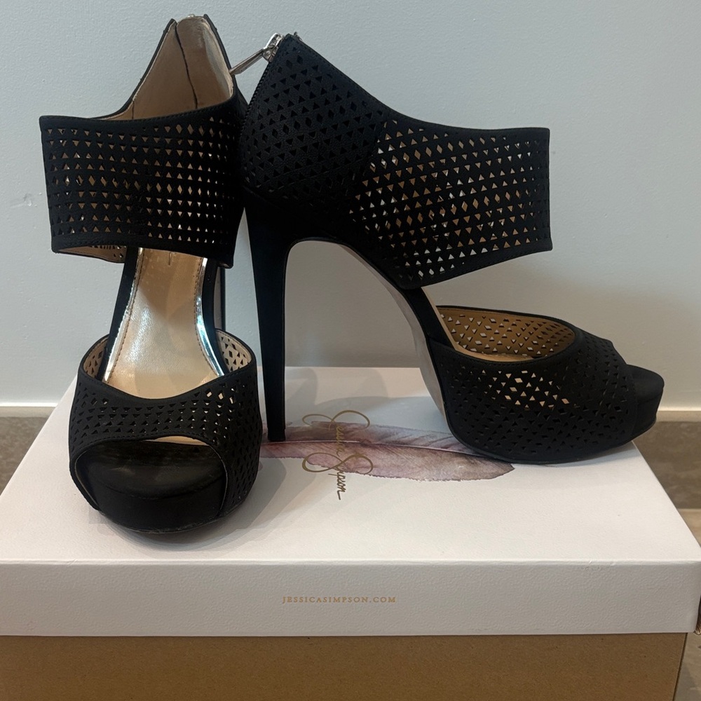 Jessica Simpson Black Perforated Peep-Toe Ankle Strap Heels